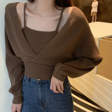 Vintage Fake Two-piece T-shirt Long Sleeve Halter Black Tops Knit Slim Sweater Tops Women Autumn Sexy Female Tee
