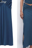 Ruched Long Skirts For Women Fashion 2023 Nvay Blue High Waist Skirt Woman Summer Midi Slit Skirt Elegant Women's