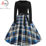Women Long Sleeve Plaid Print Winter Dress Casual Black Patchwork Vintage Rockabilly Dress Robe Slim Elegant Party