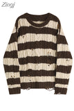 And White Striped Gothic Sweaters Women Ripped Holes Loose Knitted Pullover Frayed Fairy Grunge Jumpers Streetwear