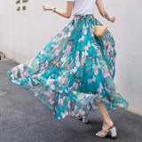 Skirts 2019 Summer Mesh Flower Print Elastic Waist Bohemian A-Line Sweet Chiffon Long Female Bottoms Ladies Casual