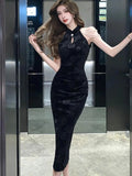 Autumn New French Vintage Red Sleeveless Velvet Midi Dresses Women Elegant Chic Jacquard Beading Sexy Slim Female