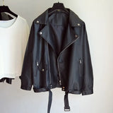 New Spring Women Loose Pu Faux Leather Jacket with Belt Streetwear Moto Biker Black Coat BF Style Oversized