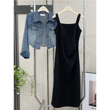 Zingj Cowboy Short Coat Female Spring And Autumn New Korean Version Of The Long Condole Belt Dress With Short Denim Jacket-Outfit