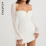 Elegant White Hollow Out Halter Dresses For Women 2022 Sexy Chiffon Solid Long Sleeve Mesh Mini Dress Club Party