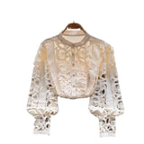 Zingj Retro Court Style Lace Shirt Female Retro High-End Round Collar Engraved Empty Hook Flower Top Female Minority Light