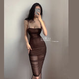 Summer 2021 New Temperament Mesh Halter Sexy Backless Drawstring Mini Party Dress Women Dresses Vintage