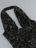 Halter Deep V Neck Sequin Maxi Dress- Outfit
