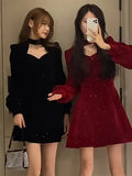 Velvet Women Party Dress Bright Hollow Out Folds Shrug Elegant Fashion Sexy Chic Christmas Mini Dress For New