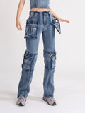 Vintage Jeans Trousers Women 2025 Summer New Fashion Design Style Interface Bag High-Waist Straight