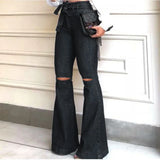 Women Denim Tie Waist Flare Jeans Boyfriend Jeans Ladies High Waist Skinny Bell Bottom Jeans Pants Autumn Wide Leg Jeans