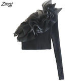 Women Single Shoulder Transparen Organza Ruffle Asymmetric Knitting Smock Blouses Lady Crop Shirt Chic Blusas Tops