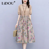 Summer Cotton Linen Vintage Floral Patchwork Drawstring Dress Women Short Sleeve Casual Fashion A-line Midi Robe