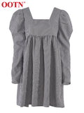 Black White Plaid Female Autumn Casual Mini Dress Puff Sleeve Square Neck Elegant Ladies Vintage A Line Women