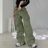 Green Baggy Cargo Jeans Y2k Vintage Women Pants Button Pockets High Waist Streetwear 90S Trousers Straight Wide Leg