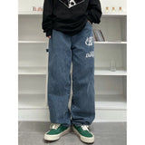 street clothing retro trend pocket jeans female letter star print high waist casual oversized straight pants