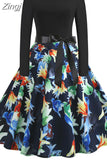 Christmas Dresses Women 50S 60S Vintage Robe Swing Pinup Elegant Party Dress Long Sleeve Casual Print