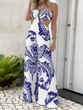 Summer Jumpsuits Women Holiday Casual Half Sleeves Bodysuit Print One Piece Outfits Wide Leg Pink Trousers Loose Long