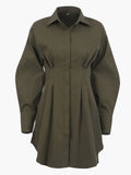 Spring Summer Bodycon Dress Women Khaki Long Sleeve Pleated Shirt Dress Office Ladies Solid Lapel Casual Mini