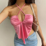 Sexy Strappy Brown Halter Crop Top Women Summer Backless Cami Tops Tees Ladies Fashion Fitness Camisole