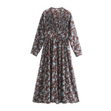 2021 spring women dress long sleeve midi dress floral printing single breasted v-neck korean fashion