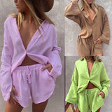 Spot 2025 Summer Women's Fashion Loose Long-Sleeved Shirt Casual Shorts Two-Piece