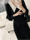 Pleated Women Spring A-Line Long Sleeve Midi Office Patchwork Dress Autumn Korea