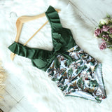 Sexy One Piece Swimsuit Female Swimwear Women Print Floral Bandage Shoulder Ruffle Brazilian Backless