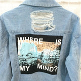 Size Where Is My Mind Korea Kpop Frayed Letter Patch Bomber Jeans Jacket Women Ripped Denim Coat Female Streetwear