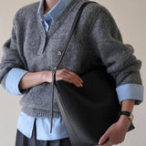 Wearing A Fake Two Sweaters Women's Autumn And Winter Design Shirt Folded Gray Knitted