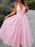 2025 Spring New Retro French Famous Hanging Neck Dress Gentle Lattice Waist Thin Sweet Dress