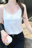 Korean Fashion Silk Women Camis Streetwear Satin Sexy Tops Lace Sleeveless White Female Tank Tops Blouse OL Woman