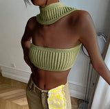 Sexy Knitted Crop Top Women Fashion Halter Strapless Sleeveless Backless Tank Tops Female Elegant Knitwear Cropped