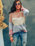 Knitted Stripes Loose Crew Neck Pullover Sweater 2022 Autumn Winter Women's Clothing Casual Long Sleeves Cover Up