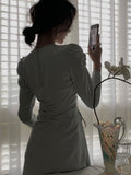V-neck Long Sleeves Midi Dresses for Women 2023 Autumn New Elegant Party Fashion Slim Vintage Casual Blue Female