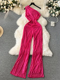 American Retro Sequin Jumpsuit Diagonal Collar Solid Long Wide Legs Pants Romper Elegant Backless Sexy Party