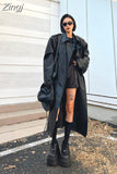 Spring Autumn Long Oversized Black Brown Pu Leather Trench Coat for Women Double Breasted Loose Luxury Designer