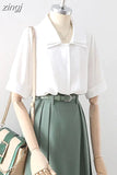 Design Double Turn Down Collar Women White Shirts Short Sleeve Summer Button Up OL Shirts Korean Casual Chiffon Female