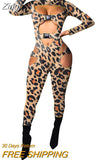 Sexy Hollow Out Buckle Bandage Jumpsuit Women Club Wear Outfits Long Sleeve Skinny Turtleneck Night Party