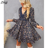 PETAL Ditsy Floral Lace Mini Dress For Woman Sexy V-neck Ruffled Long Sleeve Party Dress 2023 Spring Autumn Female
