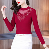 Photo # Autumn / Winter Long Sleeve And Velvet Top Women's High-End T-Shirt With A Versatile Lace Bottom