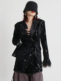 2025 New V-Neck Long Sleeve Sequin Ostrich Splicing Suit