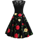 A Line Peony Flower 4XL Tunic Vintage Dress Women Lace Elegant Summer Ladies 40s 60s 50s Dresses Retro Party Black