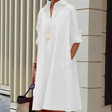 Long Sleeve Loose Party Dresses Autumn New Turn Down Collar Button-up Shirts Dress Women Office Casual Solid Midi