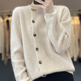 Zingj Collar Sweater Female 2024 Autumn Loose Simple Joker Bamboo Buckle Temperament Cardigan Long Sleeve Solid Color Sweater Female-Outfit