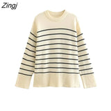 Women Classical Striped Print Casual Loose Knitting Sweater Female Long Sleeve Chic Side Split Leisure Tops