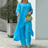 Cotton Linen Long Blouse Korean Fashion Wide Leg Pant Two-piece Set Irregular Women Casual Suit Loose Femme Outfit