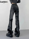 Spring Autumn Cool Casual Soft Black Pu Leather Floor Length Flare Pants for Women High Waist Korean Style Fashion