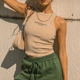 Knitted Ribbed Country Club Tank Top Women Letter Print Black Contrast Stitching Solid Sexy Crop Tops Harajuku O Neck