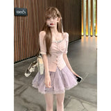 Ice Korean Ballet Powder Sweet Blouse Gray Strap Sling + A Word Mist Purple Dress Three-Piece